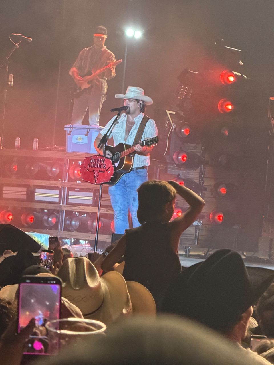 Gavin Adcock playing guitar with phones raised in the crowd
